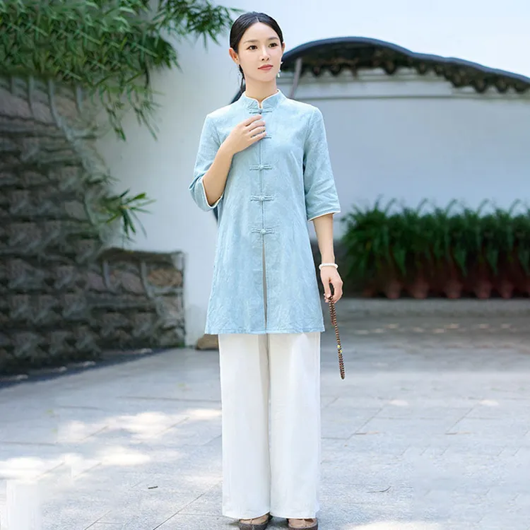棉麻禅意服中长款居士服中式盘扣茶服中医艾灸养生馆工作服女套装