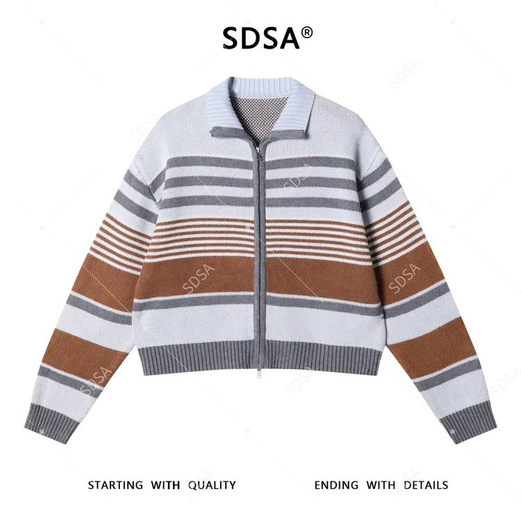 SDSA秋冬新款痞帅男装复古时尚条纹拉链翻领针织衫百搭开衫毛衣