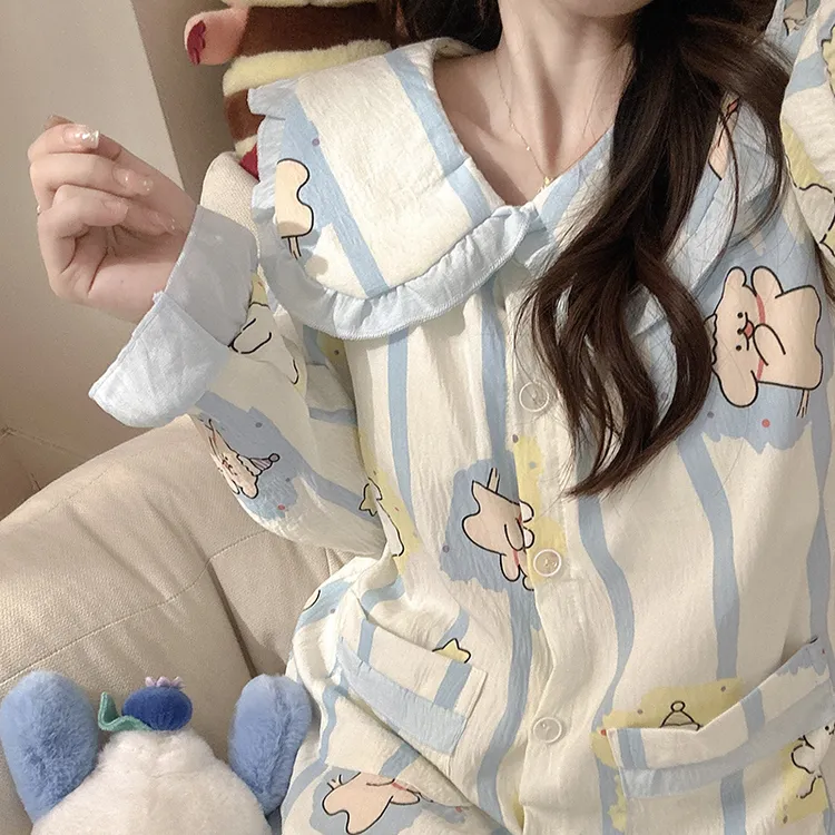 娃娃领简笔狗狗带胸垫睡衣少女心春秋可爱泡泡棉长袖学生两件套