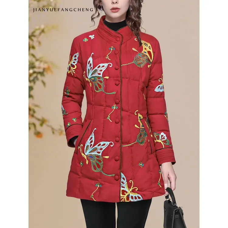 YIHUI伊卉羽绒服女绣花中长款时尚妈妈款加厚保暖冬季WG256866