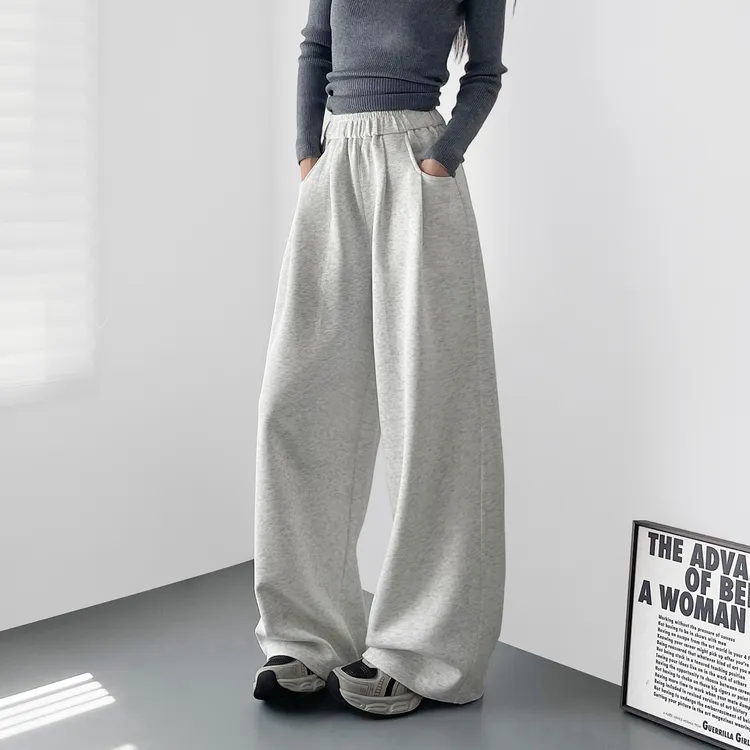 大码灰色软糯奶芙阔腿裤女秋冬胖mm慵懒风松弛感拖地运动休闲裤子