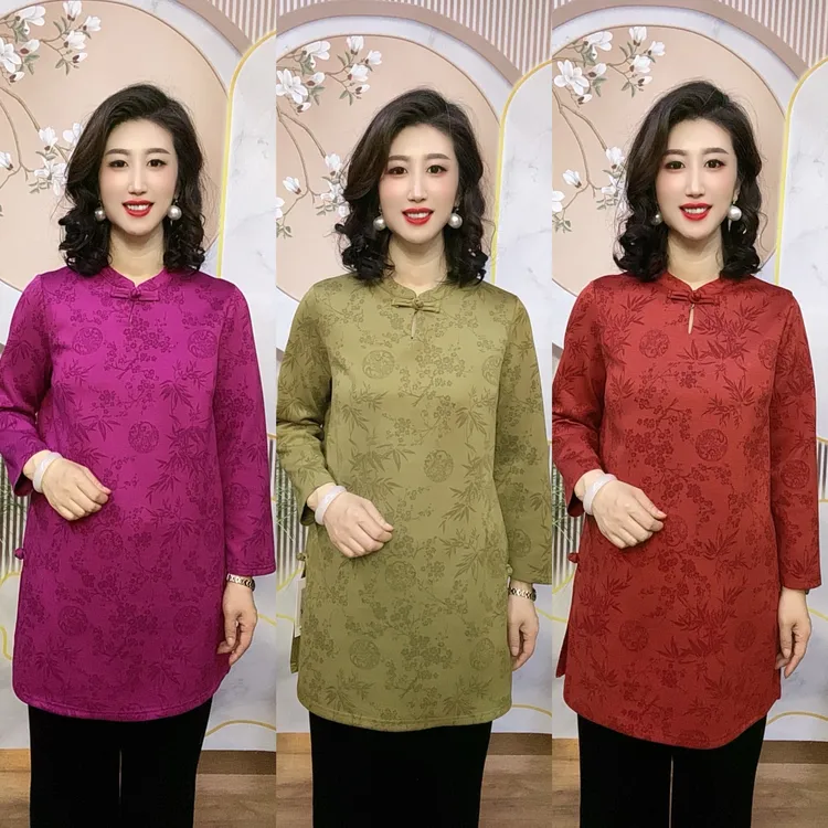 【沐丹阁】时尚妈妈古韵梅兰竹菊中长款宽松显瘦洋气盘扣国风上衣