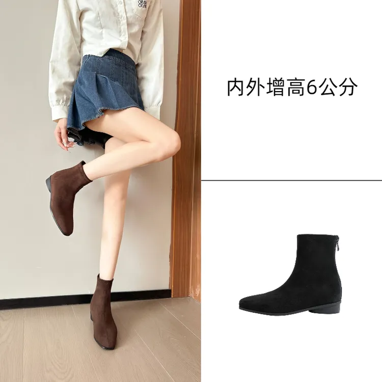 （内增高6cm）方头韩版复古短靴女气质绒面短筒瘦瘦靴后拉链马丁靴