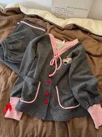 韩系撞色条纹拼接休闲假两件开衫德绒睡衣女秋冬保暖可外穿家居服