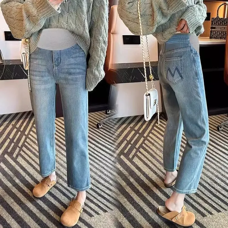 孕妇牛仔裤春秋托腹秋冬季加绒宽松显瘦小个子九分时尚弹力直筒裤