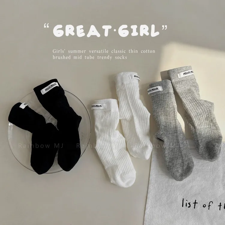 女童袜子春夏薄款棉袜韩版超薄黑白灰中筒女孩透气防臭网眼潮袜