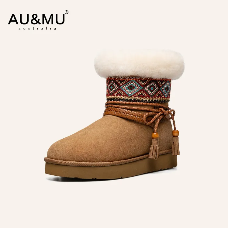 AUM2025冬季新款雪地靴女皮毛一体翻毛加绒厚底民族风中筒靴3006
