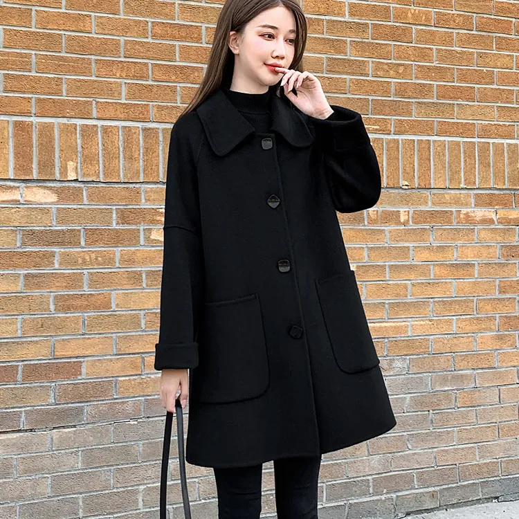 夹棉加厚洋气毛呢娃娃领冬季大衣加厚毛呢外套女气质中长款