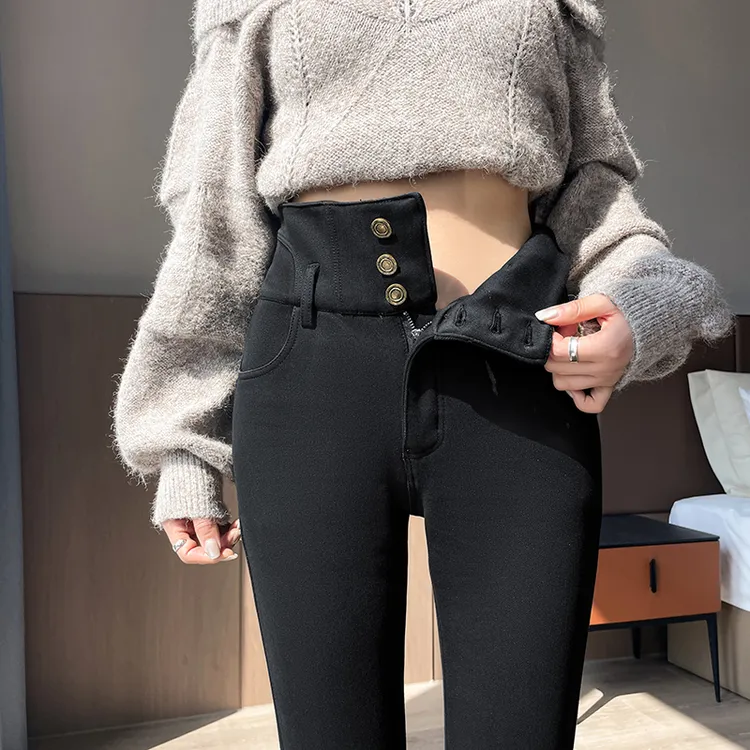 高腰显瘦打底裤女秋冬新款三扣小黑裤弹力修身收腹加绒小脚铅笔裤
