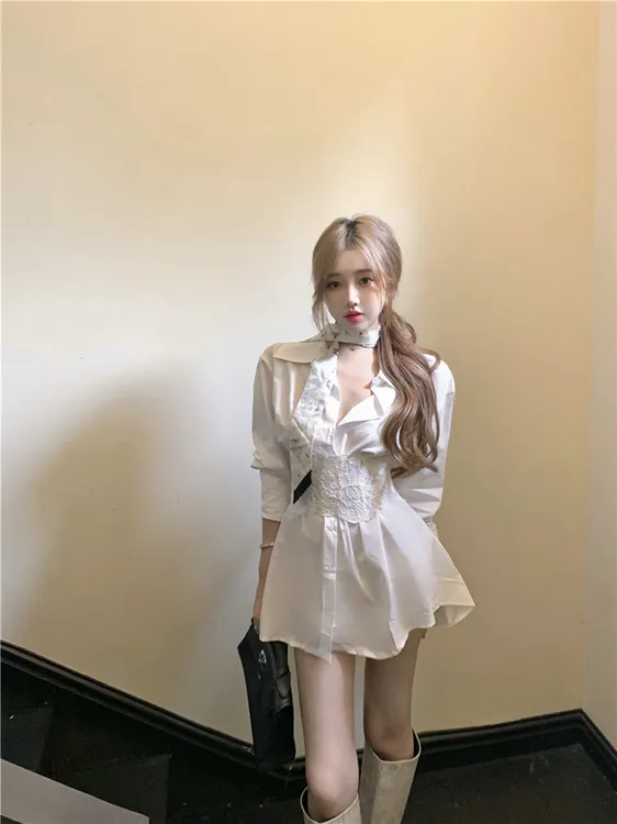 高级感气质御姐风蕾丝系带束腰显瘦长袖衬衫上衣辣妹性感纯欲衬衣