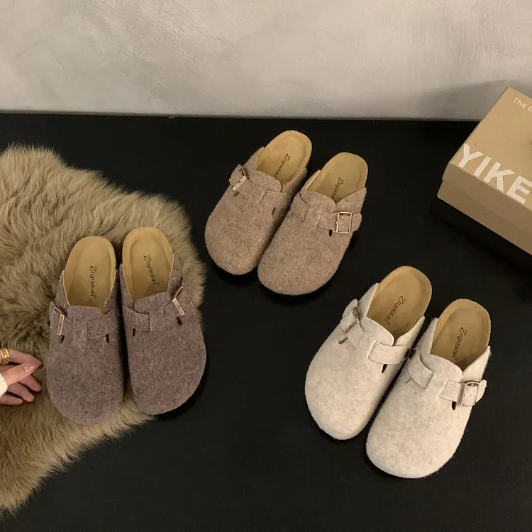 【旗舰新品】懒人一脚蹬包头半拖鞋女外穿秋季新款网红毛呢平底软