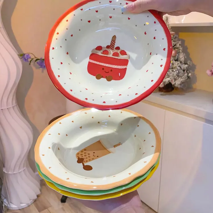 【8英寸盘】4个可爱陶瓷深盘釉下彩蛋糕盘甜品盘菜盘意面盘牛排碟