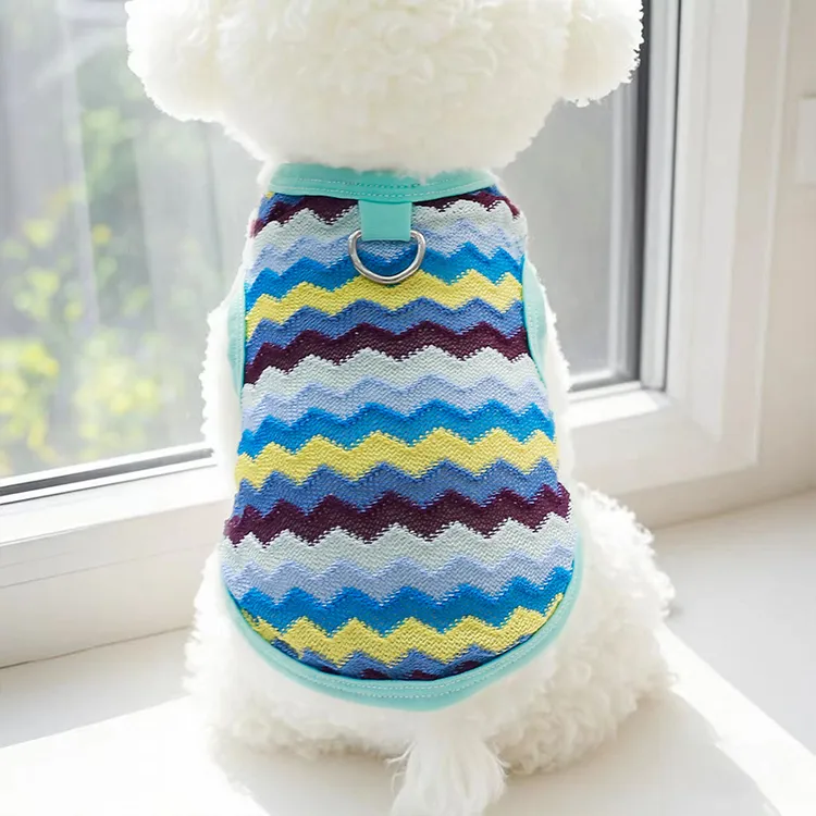 宠物春夏狗狗条纹镂空可带外出防晒背心猫咪透气衣服防掉毛衣服