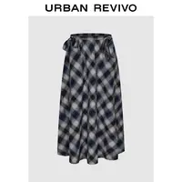 UR2025冬季新款女装休闲复古撞色格纹系带半裙UWH550076