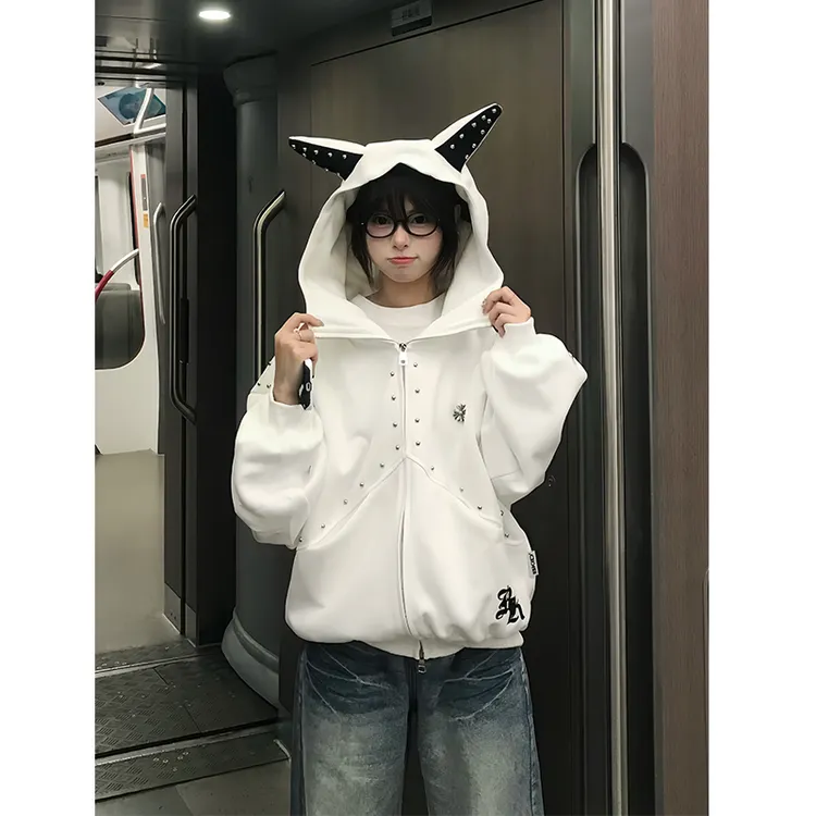 美式潮牌字母刺绣铆钉恶魔耳朵连帽卫衣男女秋冬宽松街头情侣外套