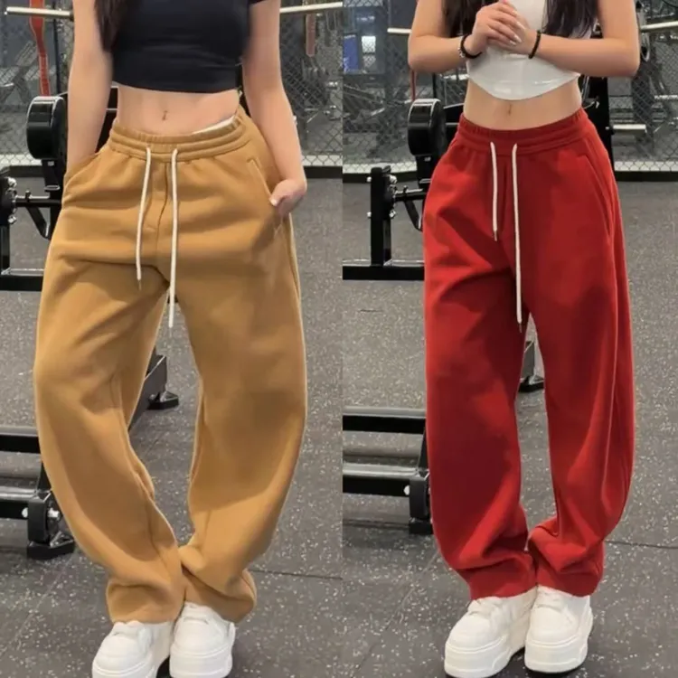 冬季新款刺绣纯色加绒休闲裤男高级感保暖香蕉裤宽松运动弯刀卫裤