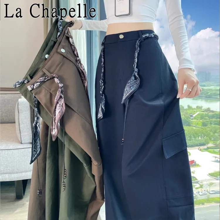 拉夏贝尔藏青色弯刀工装裤女早秋季新款高腰宽松垂感休闲阔腿裤子