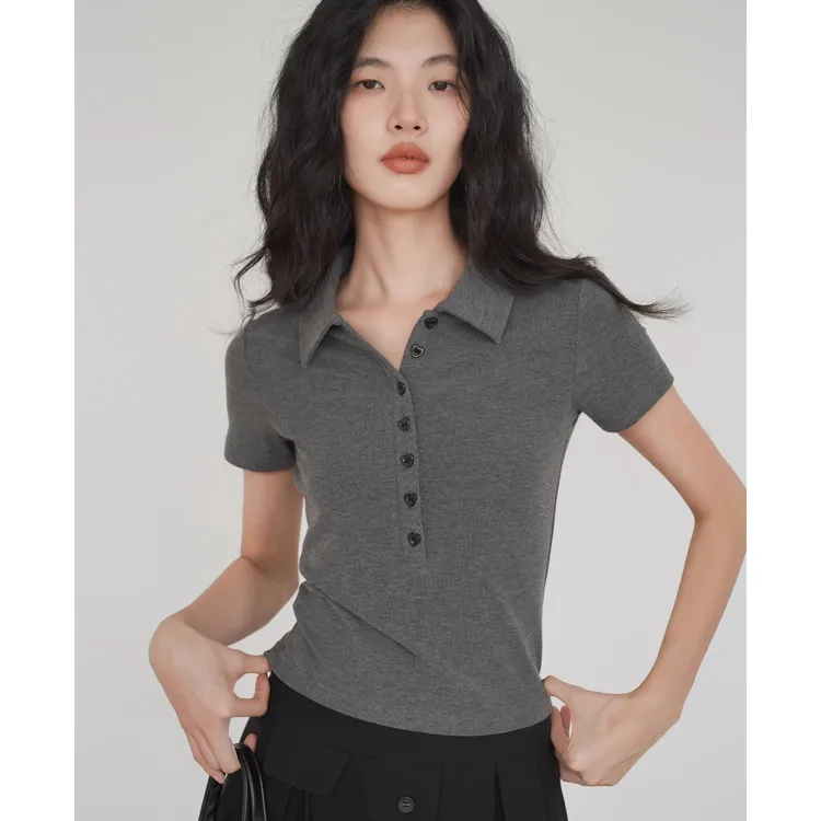 纯色简约POLO领短袖T恤女2025春夏季新款修身正肩灰色小个子上衣