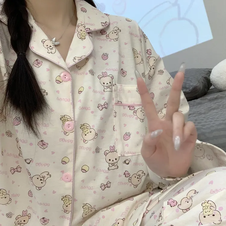 ins日系轻松熊睡衣女春秋季纯棉长袖长裤可爱加大码春秋款家居服