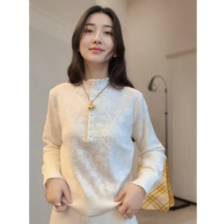 新款立领袖口镂空纽扣高级气质毛针织上衣秋冬打底衫LK2507957