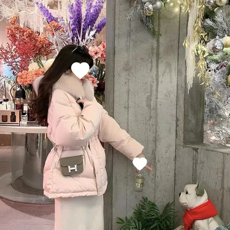 2025冬季新款仿狐狸毛领羽绒服女抽绳收腰小个子白鸭绒厚棉袄