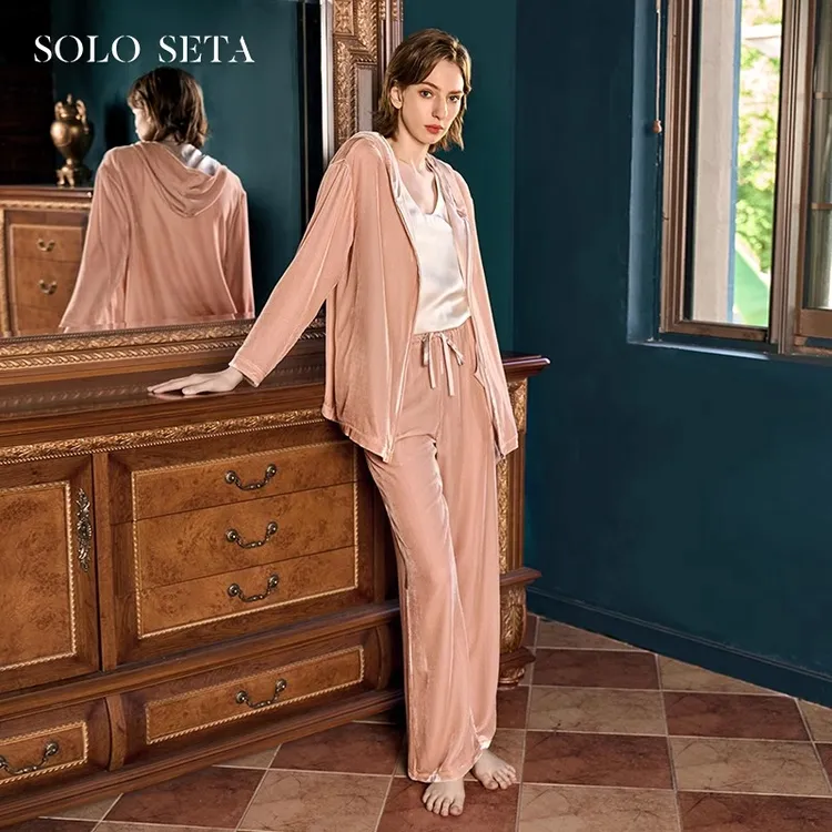 Solo seta女士丝绒纯色戴帽卫衣系带长裤桑蚕丝睡衣轻奢可外穿