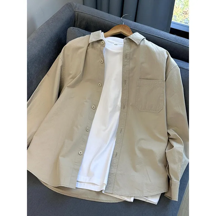 日系浅卡其色工装衬衫男款秋季新款长袖衬衣休闲cityboy情侣外套