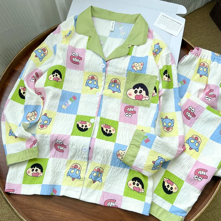 云朵棉两件套日系蜡笔小新睡衣女春秋季ins风长袖学生卡通家居服