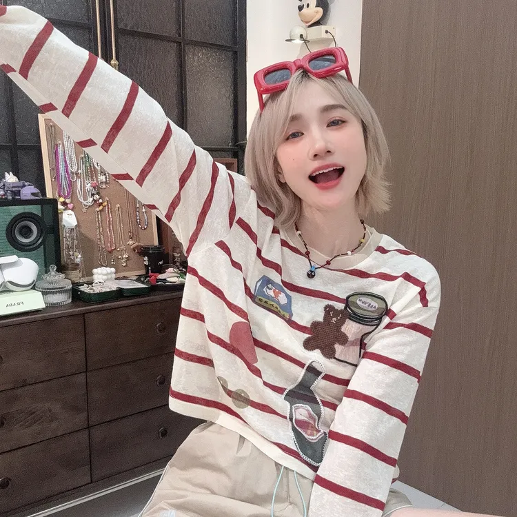 Apr.【小熊罐罐】时尚条纹数码印圆领百搭夏季防晒T恤女SC25618