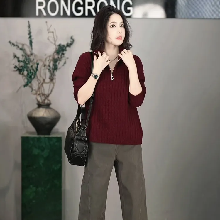 溶溶【惬意腔调】RONGRONG 绵羊毛混纺半高领开襟慵懒风羊毛衫8393