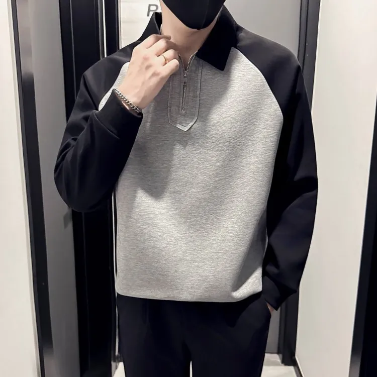 半拉链翻领卫衣男款春秋季2025新款高端宽松拼接外穿长袖POLO衫男