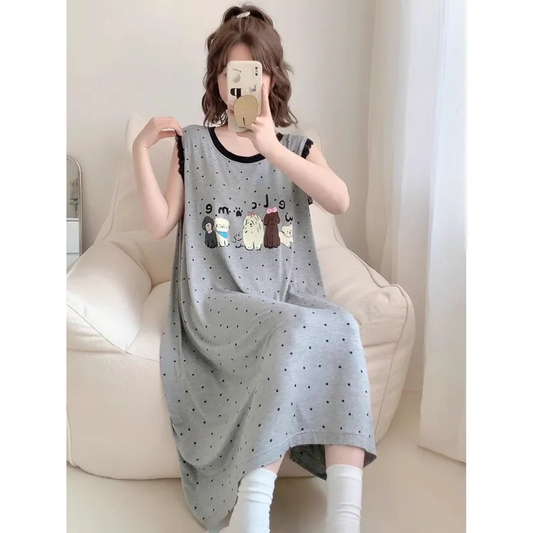 可爱小狗大码斤胖宽松遮肉蕾丝无袖睡裙波点甜美外穿家居服韩版
