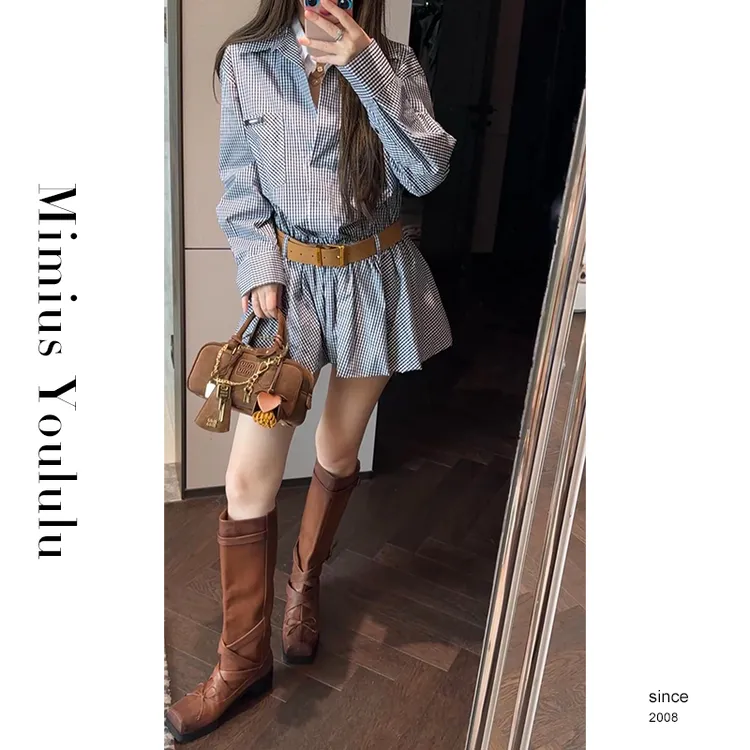 【mimius】P 复古风细格纹双领设计衬衫连衣裙+短裤（带腰带） G07372