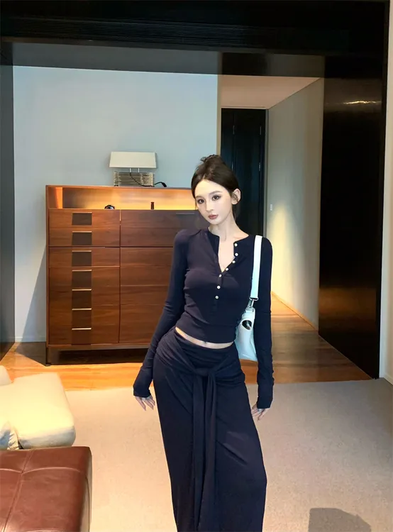小众辣妹修身显瘦T恤上衣绑带垂感包臀半身长裙套装#8236