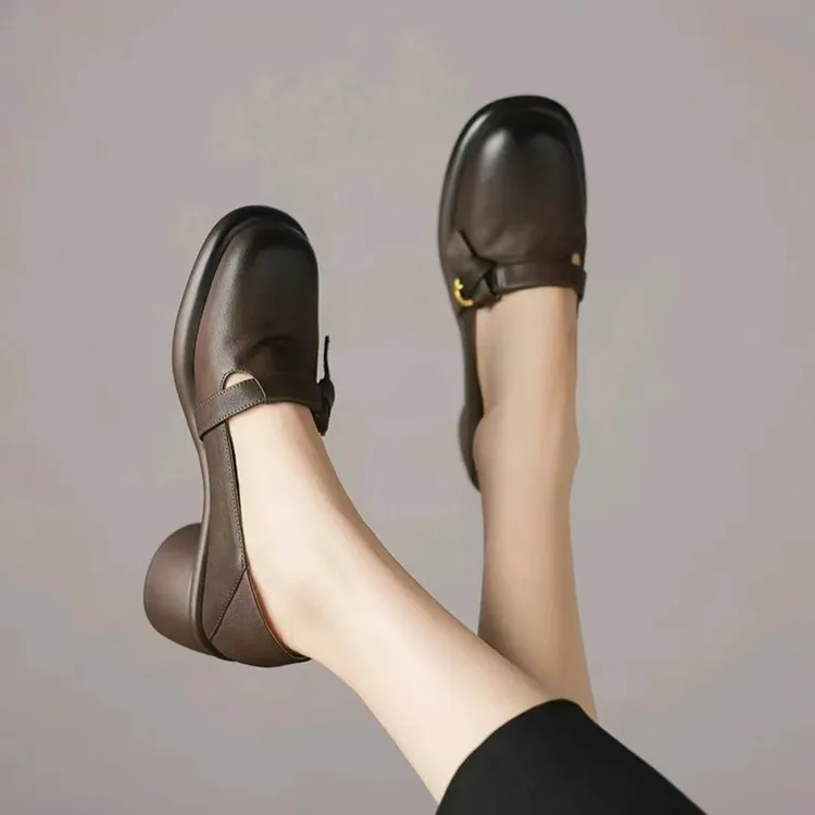 羊皮防滑软底真皮复古厚底乐福鞋粗跟英伦风玛丽珍一脚蹬单鞋子