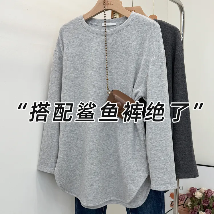 重磅蚕丝羊毛加绒女秋冬中长款T恤磨毛保暖圆领宽松显瘦长袖上衣