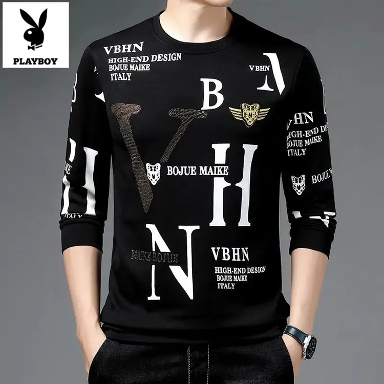花花公子男士卫衣2025秋冬新款休闲印花烫钻卫衣男潮流青年圆领春