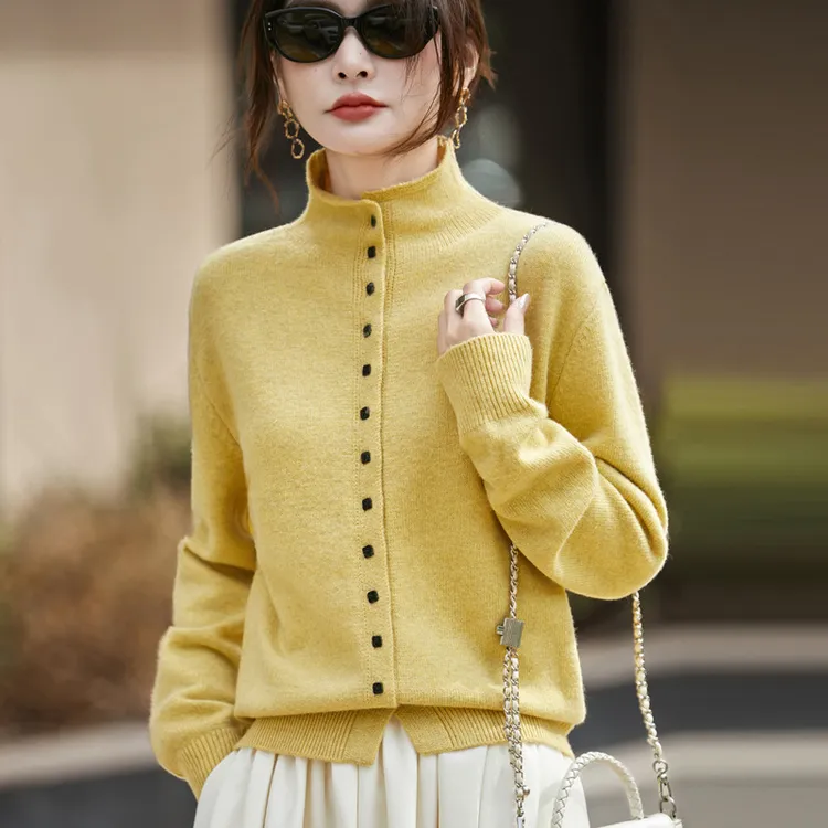 秋冬新款毛衣外套女开衫洋气宽松立领精纺毛衫针织女装外搭百搭