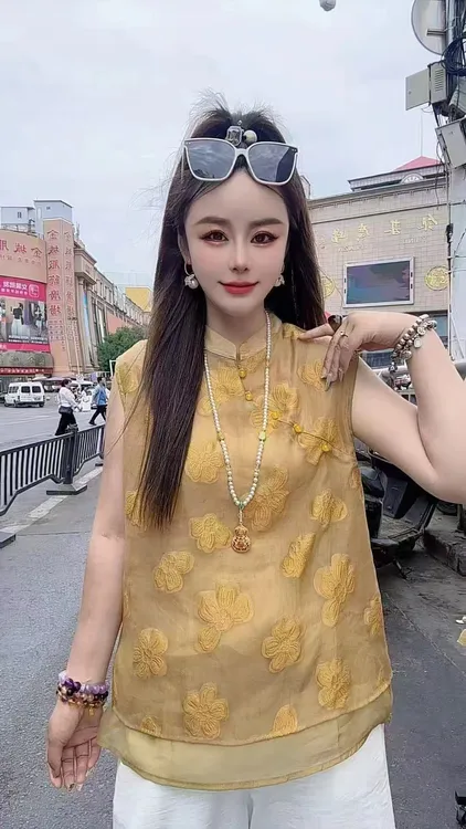 2846【安夏三L】新中式国风复古提花接拼无袖背心百搭上衣女