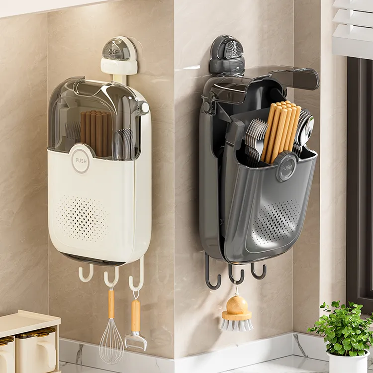 洁思奥吸盘壁挂筷子筒一体收纳架挂壁式家用筷笼分区收纳沥水架
