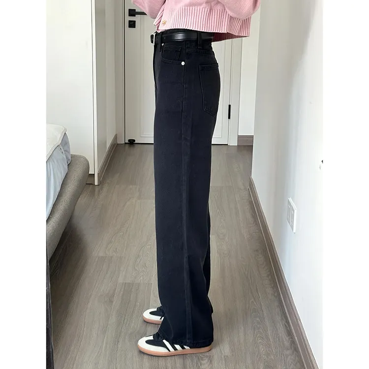 黑灰色直筒牛仔裤女2024新款春秋款高腰阔腿宽松小个子窄版拖地裤