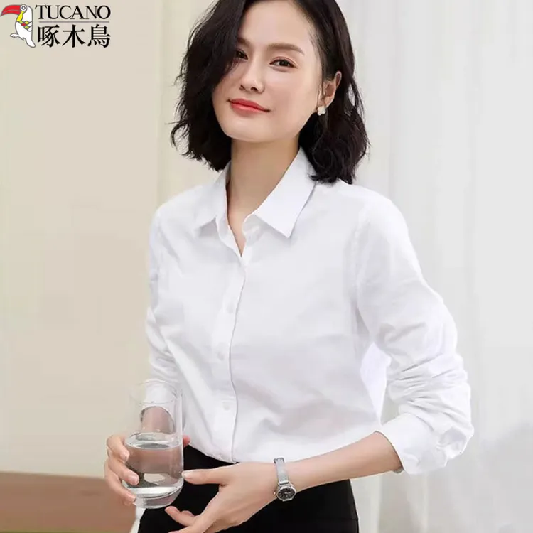 啄木鸟免烫职业白衬衫女新款春秋长袖显瘦上班正装白色衬衫