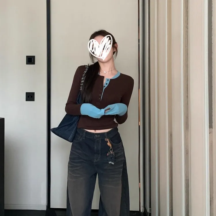 赵露思同款假两件叠穿层次感拼色亨利领长袖t恤修身显瘦百搭上衣