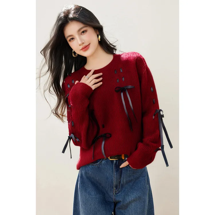 ◆慵懒风设计感绑带套头毛衣2025减龄显瘦针织