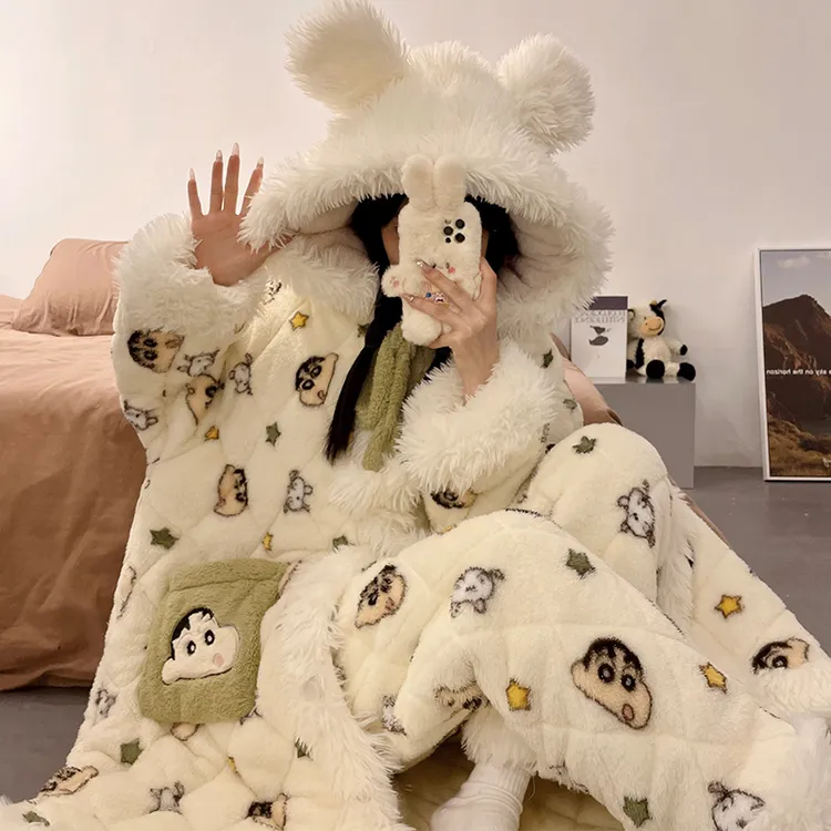 三层夹棉加厚睡衣女款秋冬季湖南省省服珊瑚绒睡袍加绒保暖家居服