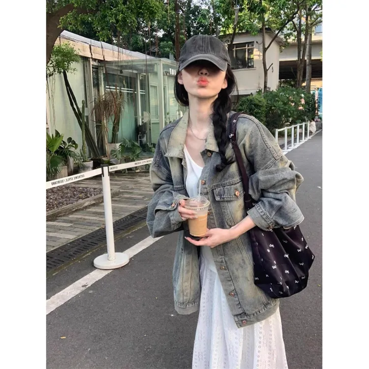 高街覆古水洗苦恼牛仔夹克妇女春秋季宽松超大中长夹克上衣