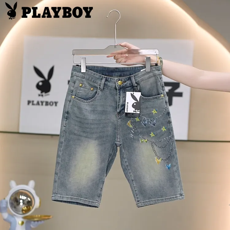 PLAYBOY/花花公子夏季薄款男士星星彩钻锁链透气百搭牛仔短裤