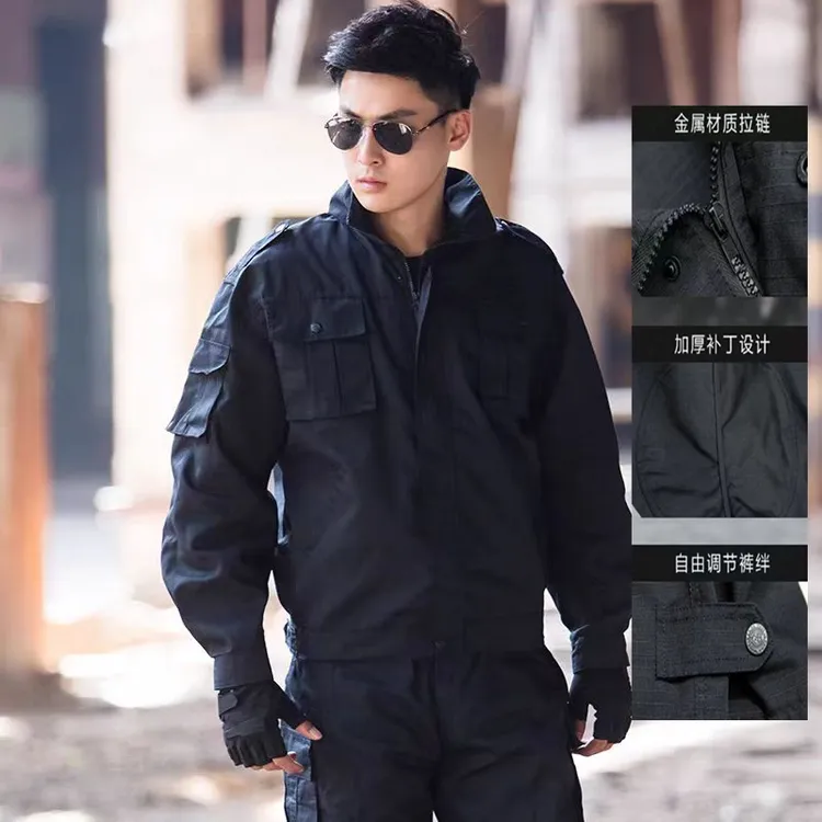 001宽松黑色网格防撕裂户外服耐磨工作服男女多口袋厚料春秋服装