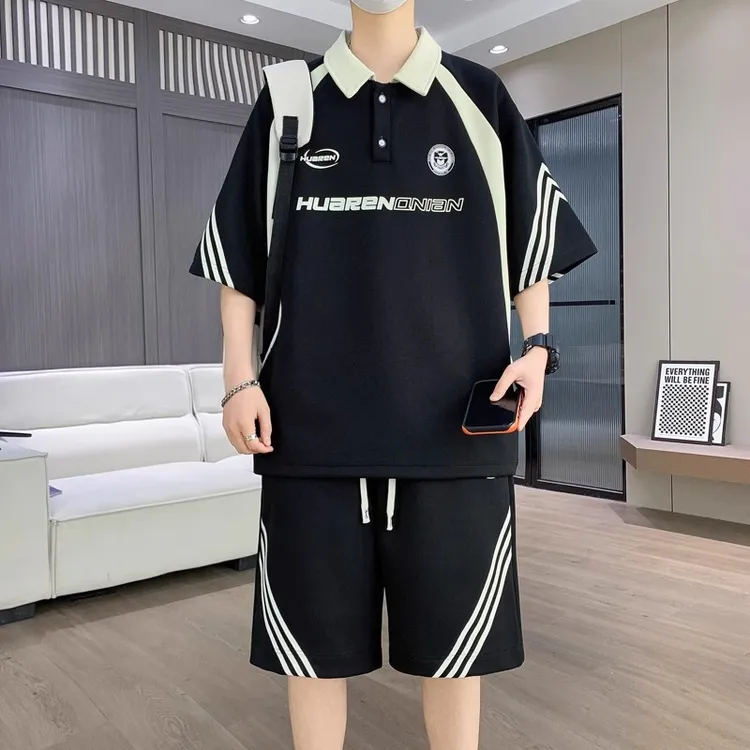 大码男装短袖T恤短裤青少年休闲运动套装POLO衫夏帅气穿搭一整套
