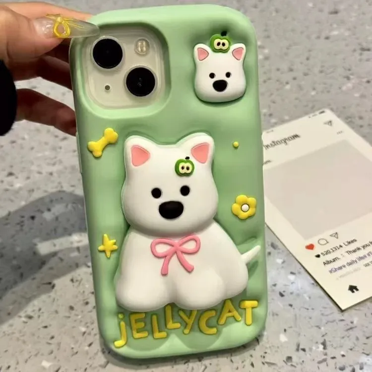 薄荷绿西高地小狗支架可爱适用苹果16立体卡通硅胶iPhone15手机壳